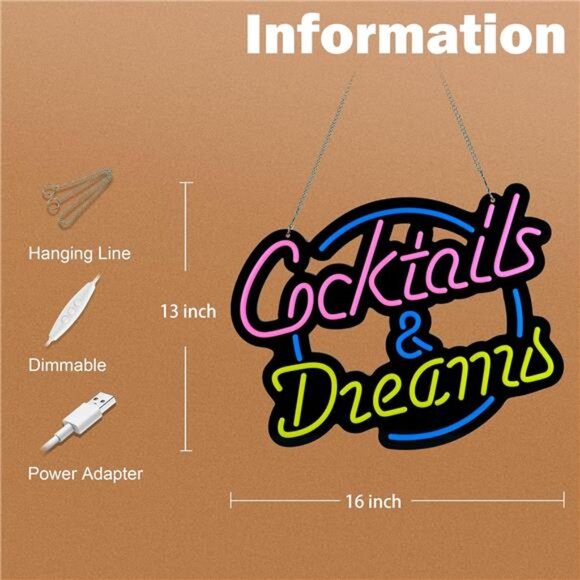 Cocktails & Dreams LED Neon Sign Movie Art Wall Lights Bedroom Bar Party Club - Picture 2 of 7